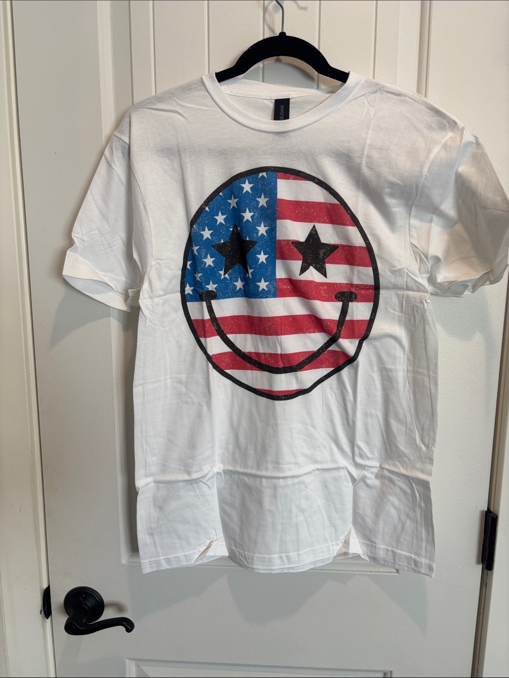 J Coons White Short Sleeve Tee with Red, Blue & Black Flag Smiley